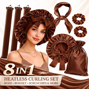 Zaylora 8-in-1 Hair Styling Set – Satin Bonnet, No-Heat Curling Rods, Silk Scarf & Scrunchies with Matching Pouch – Overnight Curls & Hair Protection Kit