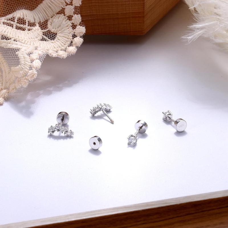 MILACOLATO 2 Pairs 925 Sterling Silver Flat Back Earrings for Women Dainty CZ Flatback Cartilage Earring Small Helix Tragus Multiple Piercing Jewelry