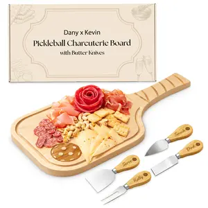 Pickleball Charcuterie Board Gift Set – Premium Birch Wood Paddle Shaped Cheese & Cutting Board (17x8.5") with 4 Engraved Cheese Knives (Serve, Dink, Rally, Smash). Elegant Serving Platter with Juice Groove & Gift Box for Pickleball Lovers, Men & Women