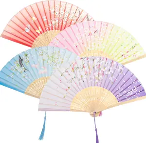Handheld Folding Fan 4 Pcs Small Chinese Silk with Tassel Floral Manual Fan Handheld Bulk Women and Men Music Festival Dance Party Decoration