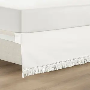 Lush Decor Boho Fringe 15-Inch Tailored Drop Easy Fit Bed Skirt for Southwest & Bohemian Themes - Elastic Fit, Faux Linen, Queen/King Sizes
