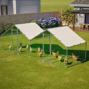[Bellemave] 6'x20' Walk-In Chicken Coop, Double Peak Metal Poultry Cage with Weatherproof Roof, Small Hex Mesh & Reinforced Wire, Dual-Zone Design for Backyard – Grey