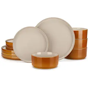 ONION and Sets, 12 Pieces Grey Dinnerware Sets for, Reactive Glaze Dishes Set for 4, Dishwasher and Safe