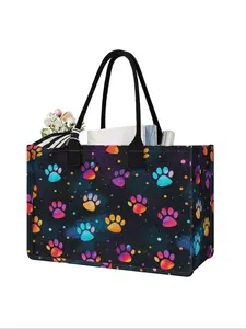 Large Capacity Storage Bag with Dog Paw Print Design, Durable Handles, Space-Saving Multi-Purpose Organizer for School Travel Shopping, Reusable Grocery Bags, Casual Shopping Bag, Durable Shopping Totes