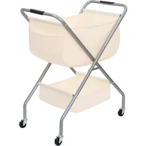 Collapsible Laundry Cart with Wheels 31.5"H Rolling Laundry Hamper Clothes Basket with Wheels, Canvas Liner Sturdy Steel Frame Folding for Small Narrow Space Easy , Beige