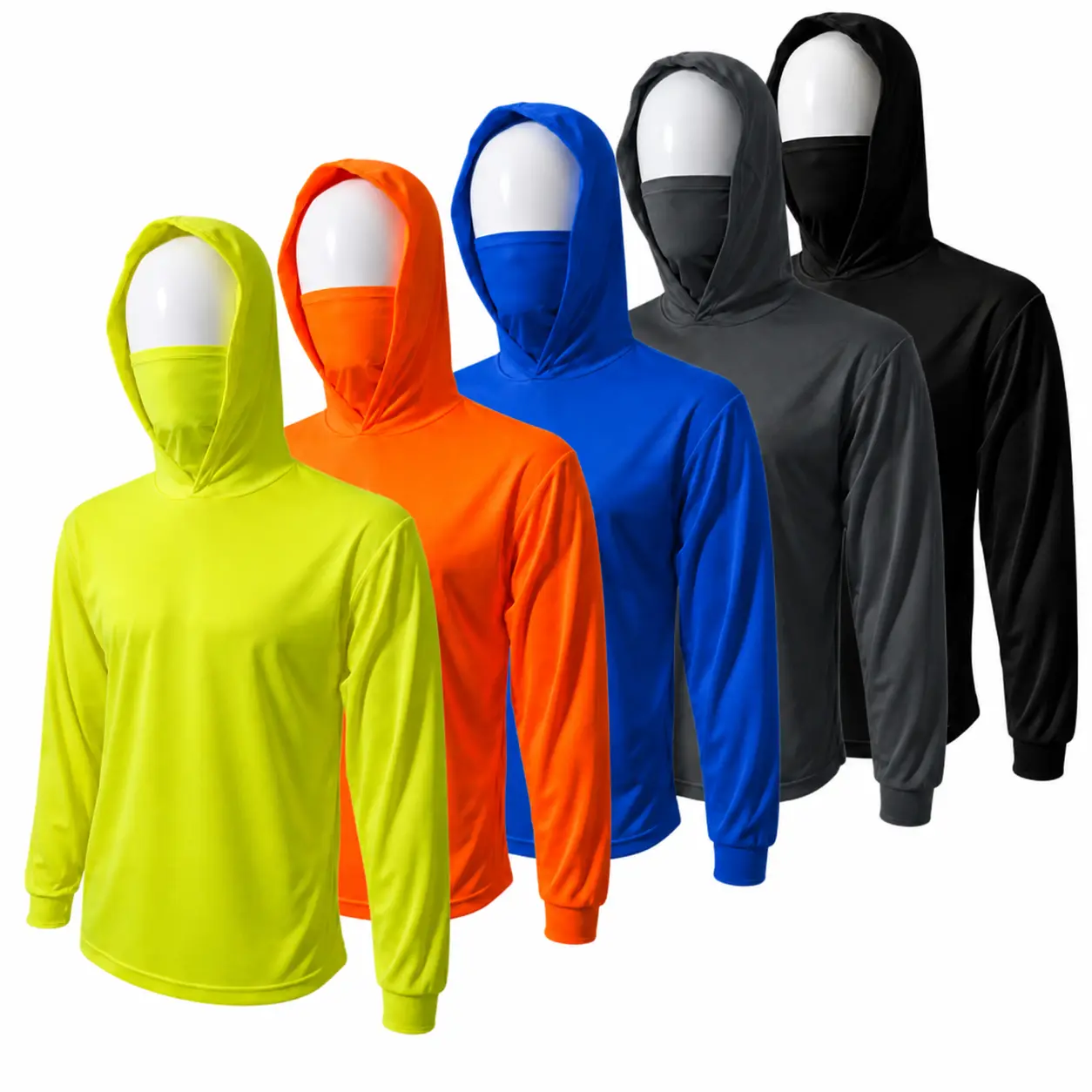 HI VIS Long Sleeve Safety Shirt With Hoodie AND Neck Gaiter, Quick Dry Polyester Birdeye mesh / Ultra lightweight hoodie shirt Reflective Thin Pullover Long sleeves