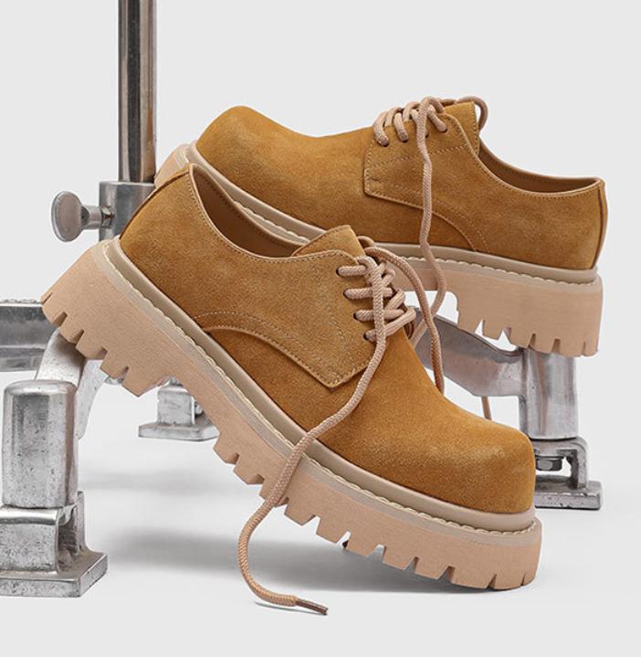 Cheat Code Height Boost: Burgundy Suede Platform Derby Shoes