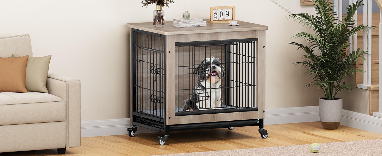 Yitahome Dog Crate Furniture with Cushion, Dog Kennel Indoor with Wheels, Dog Crate End Table with Tray, 27" Dog Cage with Double Doors for Small Dog Yitahome Dog Crate Furniture with Cushion, Dog Kennel Indoor with Wheels, Dog Crate End Table with Tray, 27" Dog Cage with Double Doors for Small Dog