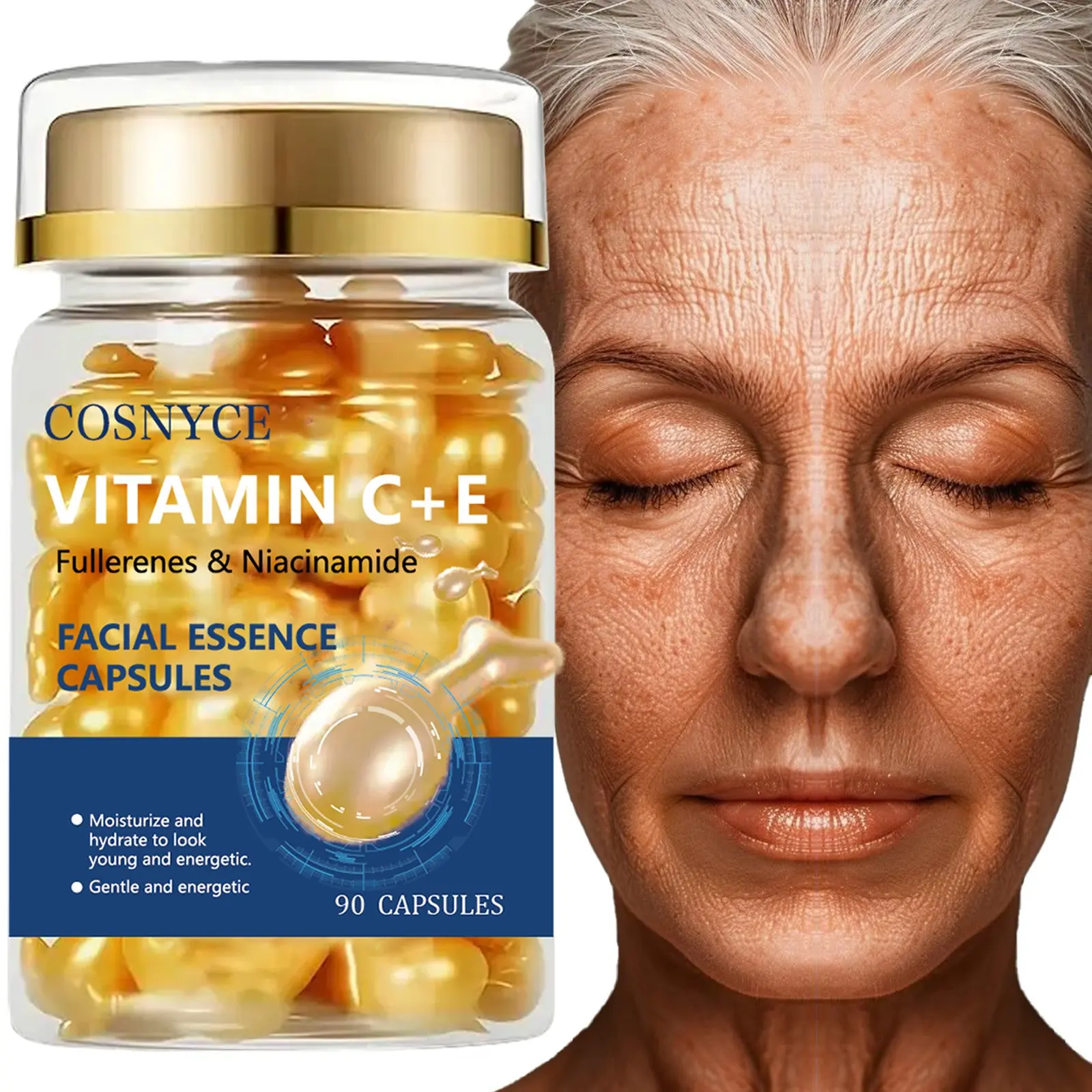 Cosnyce Vitamin C+e Capsules, Glycerol Fullerene and Nicotinamide, 90 Count, Supplement for Immunity Boosting & Skin Health, Antioxidant Formula Complex