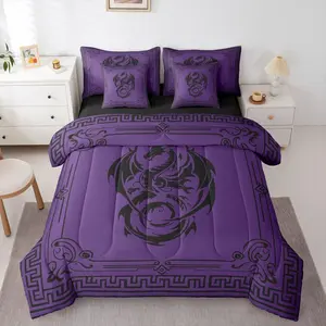 Purple Black Dragon Comforter Set with Sheets 7 Piece Boho Damask Bedding Set for Kids Boys Girls Boho Bed in a Bag Vintage Room Decor Soft Lightweight Microfiber