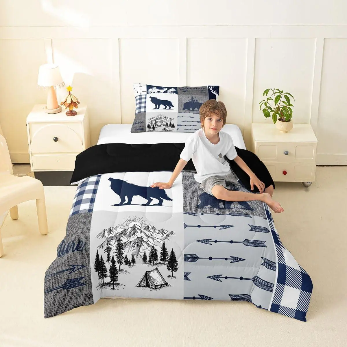 Feelyou All-Seasons Animal Bedding Set - Rustic Plaid Patchwork Comforter, Blue Gray Woodland Hunting Themed Duvet Insert for Men, Machine Washable Farmhouse Lodge Linens (Queen Size Available, Multi-Size Options), Animals, Print