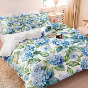 2/3pcs Blue Hydrangea Flower Duvet Cover Set, Watercolor Hydrangea Floral Comforter Cover No Filler, Botanical Bedding Set, Soft Microfiber, Elegant Garden Style Bedroom Decor for Teens & Adults