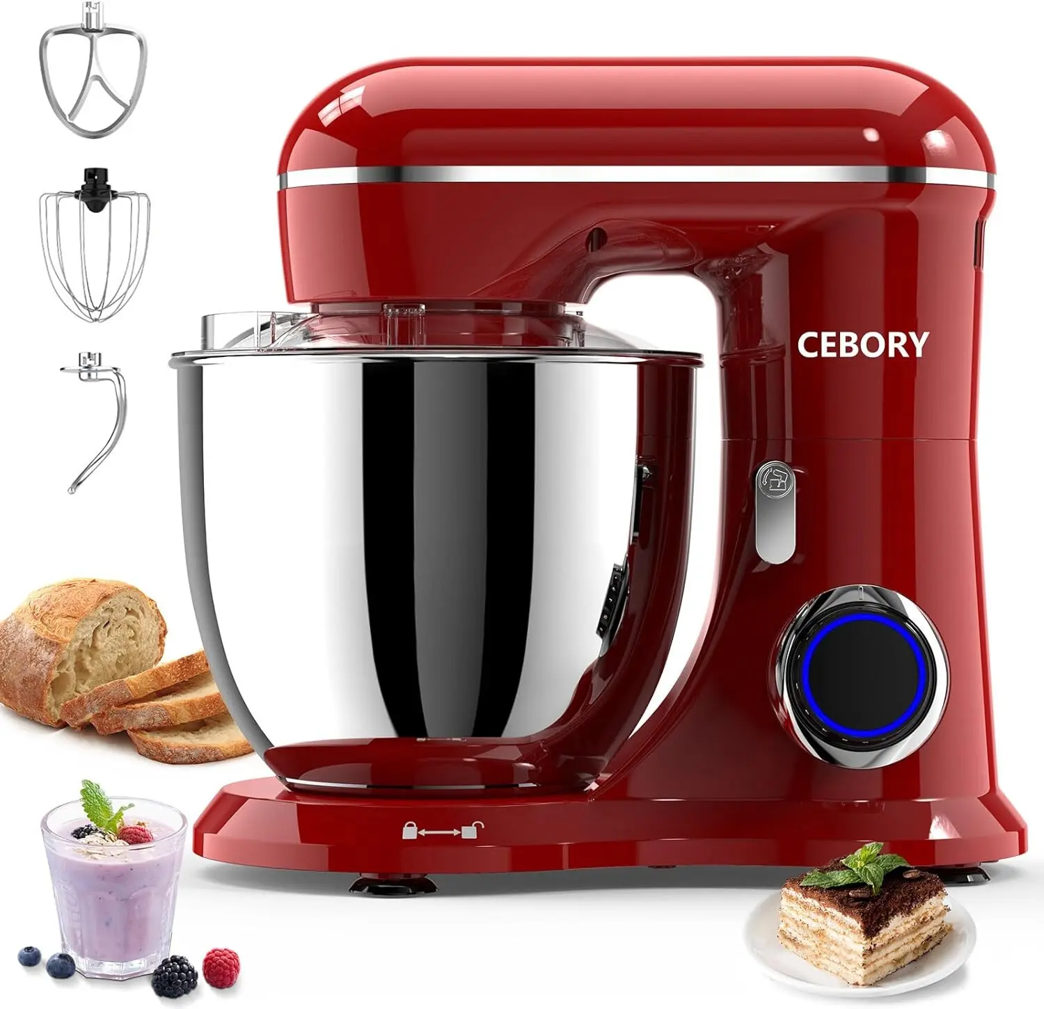 Professional Electric Stand Mixer with Large Stainless Steel Bowl, Powerful Kitchen Mixer includes Dough Hook, Beater and Whisk, Perfect Bread Cake Mixer for Baking and Home Cooking, Red