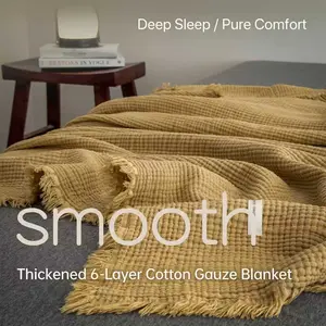 Six-layer thickened cotton gauze blanket, rice yellow linen color with tassel trim, Nude-Level Blanket / Picnic One Blanket for Multiple Uses / Office Nap Throw