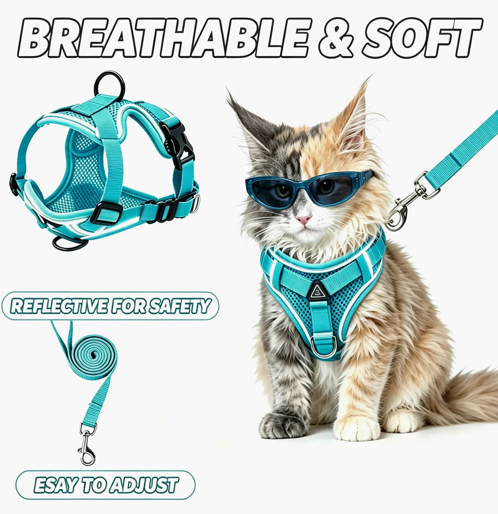 Escape-proof cat harness and leash set; adjustable size. Cat leash and collar made from comfortable, breathable materials with adjustable sizing. Reflective strip, soft mesh vest, convenient for safe leash walking. Includes a summer version; breathable an