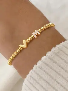 Women's Elegant Heart-Shaped Zirconia Bubble Initial Letter Bracelet, Classic Copper Beaded Chain, All Seasons Jewelry