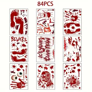 Halloween Decorations, 84pcs Halloween Window Clings, 8 Sheets Bloody Handprint Footprint Halloween Wall Decal Floor Clings, Scary Halloween Decoration Window Stickers