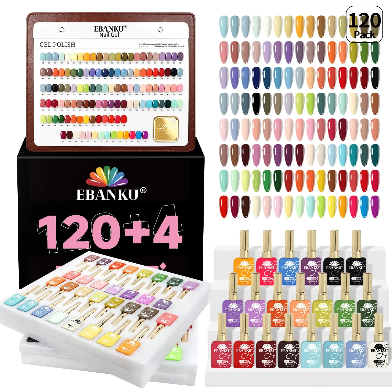 EBANKU 120Pcs 15ML HEMA-Free Gel Nail Polish Set with Base + Top Coat, Natural Resin Formula, UV Cure 60s, Soak-Off Nail Art Kit for Salon & Home DIY Manicure
