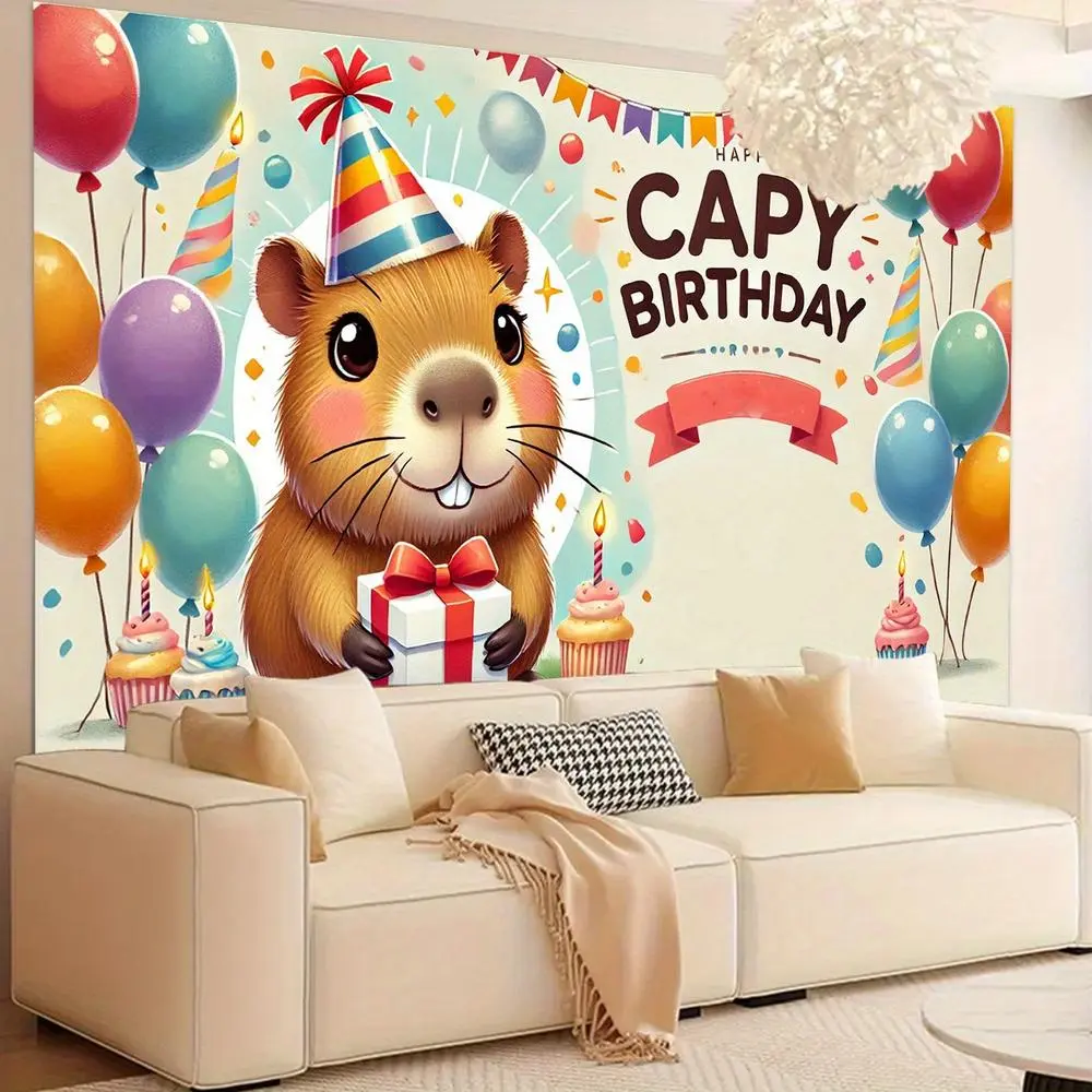 1pc 2D Flat Capybara Birthday Decoration Backdrop - Durable Polyester Fabric, Cute Animal Theme with Colorful Balloons, Party Hats, Cupcakes, for Birthdays, Graduations (White, Photo Banner Use)