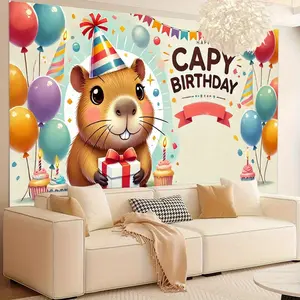 1pc 2D Flat Birthday Capybara Decoration - Cute Animal Theme Party Backdrop with Colorful Balloons, Party Hats & Cupcakes, Durable Polyester Fabric for Birthdays, Graduations, Anniversaries, Photo Banners White