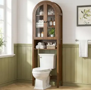 Arched Over The Toilet Storage Cabinet with Acrylic Doors, 4 Tier Small Bathroom Shelf Organizer, Mid Century Modern Bathroom Cabinet with Adjustable Shelf, Slim Narrow Arch Toilet Rack