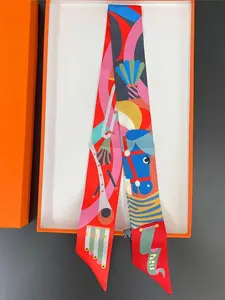 Spring Summer Diagonal Scarf, Dual Layer Satin Print, Multifunctional Decorative Small Scarf, French Style Hair Tie, Bag Handle Wrap
