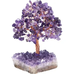 Natural Amethyst Healing Crystal Money Tree on Amethyst Cluster Geode Druzy Base Feng Shui Crystals for Home Office Desk Decorations, Wealth, Good Luck