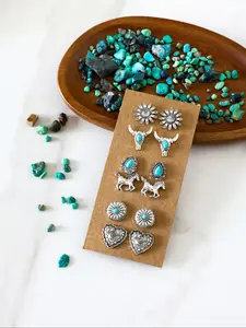 Bohemian Style Turquoise Stud Earrings Set, Ethnic Design Bull Head Horse Racing Shape, 6 Pairs Women Jewelry, Denim Style Accessories, All Seasons Wear
