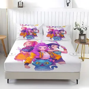 3-piece KPOP Demon Hunters Pattern Bed Sheet, Comfortable Printed Pattern, Includes 1 Bed Sheet and 2 Pillowcases, Comfortable Bedding, Non slip Suitable for Bedroom, Suitable for Children and Teenagers Gift