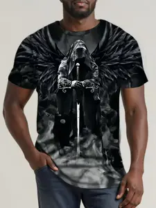 Men's 3D Skull Print T-Shirt, Vintage Style, Loose Fit, Short Sleeve, Round Neck, Perfect Summer Streetwear, Casual Geometric Pattern, Menswear