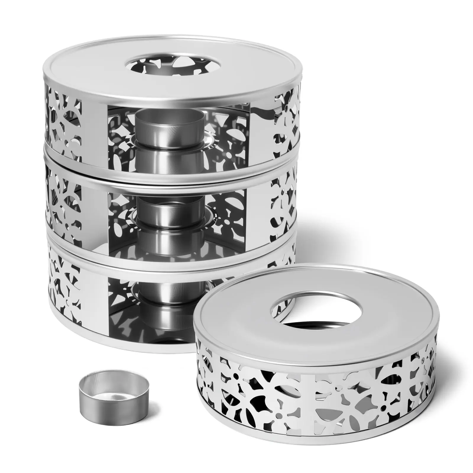 4-Pack Smooth Metal Teapot Warmers with Hollow Floral Carving, Multi-Scene Candle Holders for Tea Heating, Home Fragrance Oil Decoration