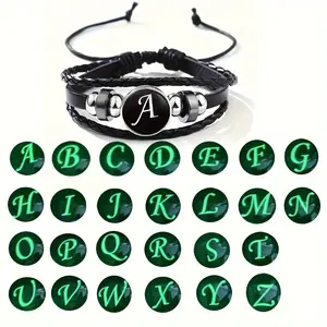 Luminous Initial Letter Charm Bracelet Vintage Cowboy Western Boho Style PU Leather Braided Initial Bracelet DIY Replaceable Button Handmade Jewelry for Women, Accessory for Music Festival