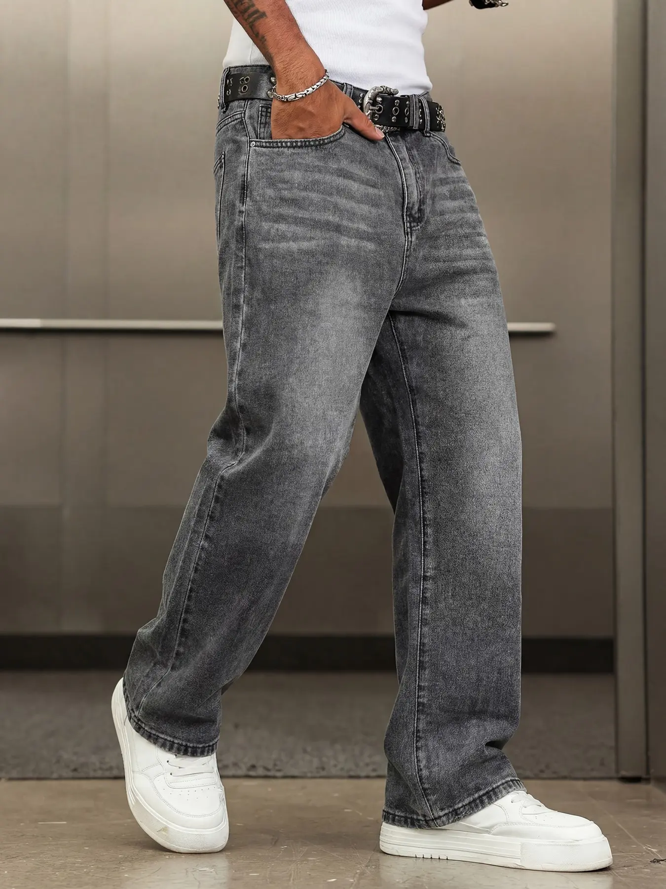 Men's Street Style Casual Denim Jeans, Loose Fit Straight Leg Jeans, American Vintage Jeans, Vintage Champagne Blue, Fashionable Daily Wear, Classic Streetwear, Pants