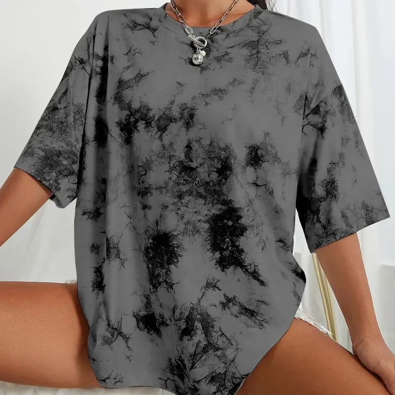 Women's Tie Dye Print Drop Shoulder T-Shirt Top, Casual Street Fashion Round Neck Tee for Summer, Everyday Wear
