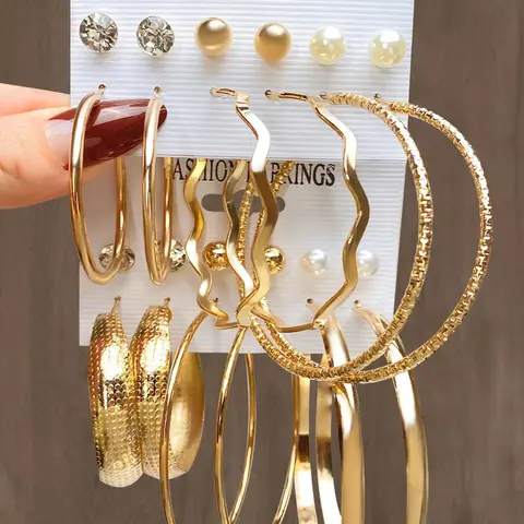 12 Pairs Faux Pearl & Rhinestone Decorated Hoop Earring Sets, Earring Pack, High Quality Earrings, Stylish Jewelry, Simple Casual Jewelry For Women, All-match Trendy Ear Jewelry For Party, Club, Sparkling Ear Jewelry, Chic Gorgeous Jewelry