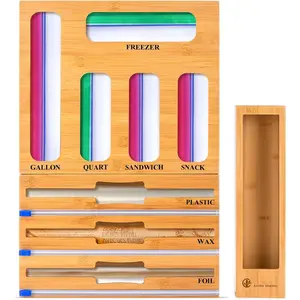 9 in 1  Storage Bag Organizer for Kitchen Drawer - Plastic Wrap Dispenser with  & Foil Organizer, Wooden Baggie Organizer for Sandwich, Snack, Gallon, Quart Sizes,