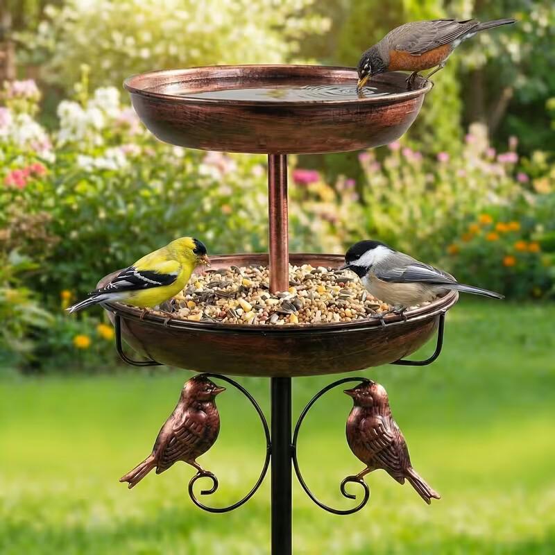 [Summervibes][petlovers] WIldpark 45 Inch Heavy-Duty Metal Double-Layer Bird Bath Tub, Large Capacity Water Feeding Basin, 9.8 Feet + 12 Inches, Stable 5-Claw Base, Durable Courtyard Decoration, Easy to Install and Clean, Multifunctional Bird Feeder. outd