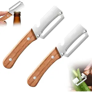 Premium Vegetable Peeler with Wooden Handle and Bottle Opener: 2-in-1 Stainless Steel Kitchen Tool for Fruit Apple Potato Pumpkin Papaya (2 PCS)
