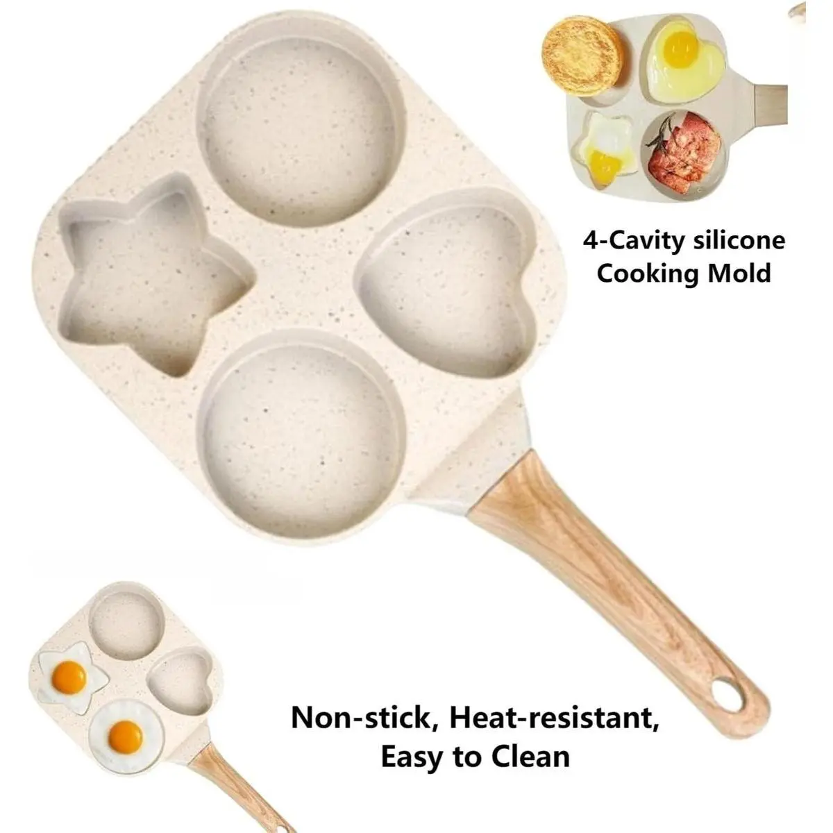 Non-Stick Egg Frying Pan, 4-Hole Heart-Shaped Pancake Pan with Wooden Handle, Granite Style Breakfast Frying Pan, Small Non-Stick Pan Suitae for Frying Eggs, Omelettes, Toast, Pancakes, and Crepes, Easy-to-Clean Multi-Functional Kitchen Tool, Compact