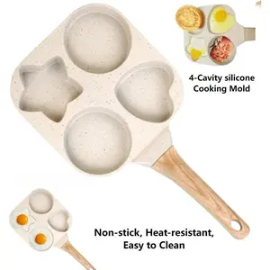 Non-Stick Egg Frying Pan, 4-Hole Heart-Shaped Pancake Pan with Wooden Handle, Granite Style Breakfast Frying Pan, Small Non-Stick Pan Suitable for Frying Eggs, Omelettes, Toast, Pancakes, and Crepes, Easy-to-Clean Multi-Functional Kitchen Tool