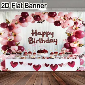 2D flat banner, 1pcPink & Maroon Balloon Arch Backdrop with 'Happy Birthday' Text, Heart Decorations & Dessert Table Setup for Festive Birthday Party Decor