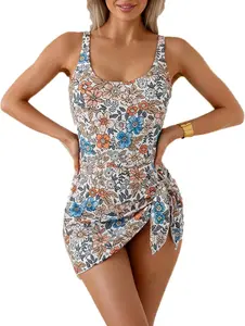 YOUNGDEER Women’s One Piece Swimsuit with Cover Up Skirt, Floral Tie Shoulder Bathing Suit 2 Piece Swimwear for Beach Vacation