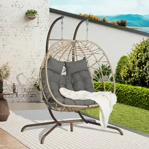 AOBTKEL，Double Hanging Egg Chair with Cushion, 700lbs Capacity - Foldable Patio Chair with Handwoven PE Wicker & Rust-Proof Frame, for Garden, Porch, Backyard Soft Lounge Swing