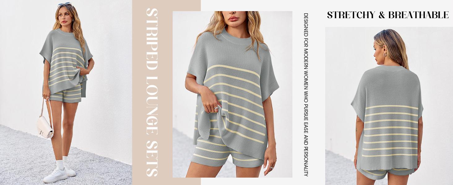 Imily Bela Women's Striped 2 Piece Outfits Oversized Batwing Short Sleeve Tops High Waisted Shorts Summer Knit Lounge Short Sets