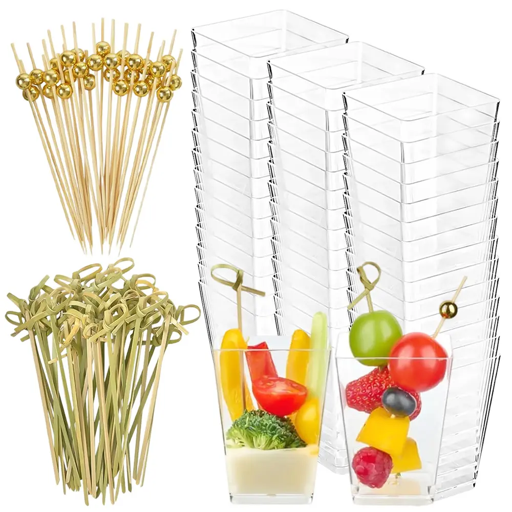 50 Sets Plastic Charcuterie Cups with 100 Sticks, Square Appetizer Serving Cups with Cocktail Picks for Fruit Snacks and Desserts