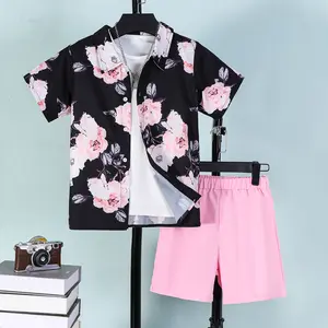 Ready Stock Summer Two-Piece Set for 7-15Y Big Boys Hawaiian Shirt and Shorts Set Loose Short-Sleeved Casual Fashion Floral Shirt Set, Perfect for Outdoor 462401008 Party Vacation Outfit