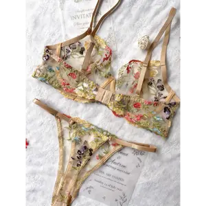 Floral Embroidery Lingerie Set, Sheer Unlined Bra & Mesh Thong, Women's Sexy Underwear