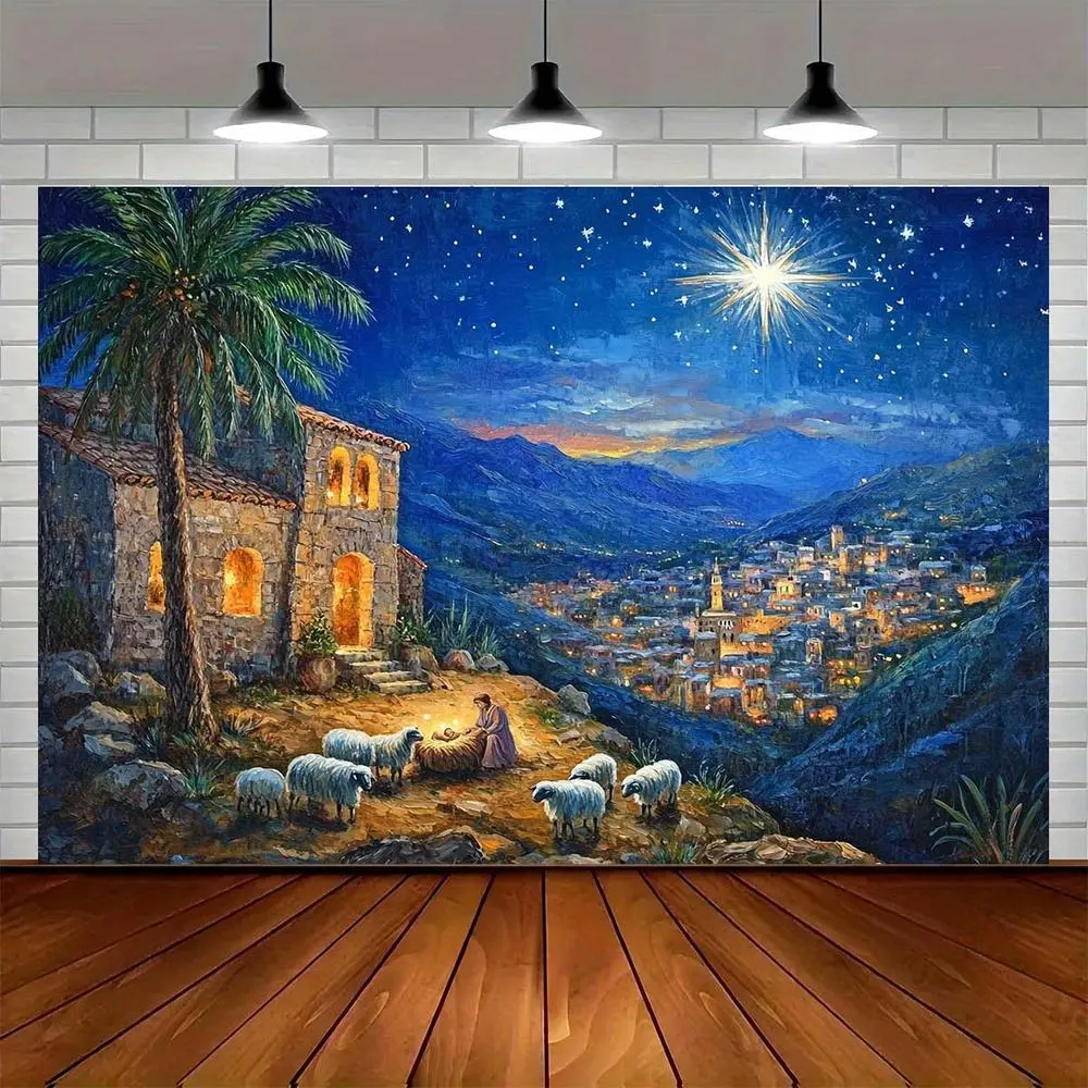 2D Flat Nativity Scene Backdrop - Durable Polyester Magical Decor with Starry Night Sky, Shepherd, Sheep - Indoor-Outdoor Banner for Christmas Room, Birthday Decor