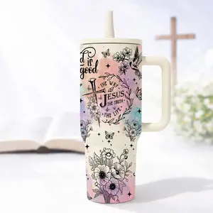 1pc 40oz Christian   Tumbler with Handle, Jesus Cross Floral Print, Stainless Steel Thermal Mug with Lid And Straw, Suitable for Hot and Cold Drinks, Mother's Day Gift for Christian Women