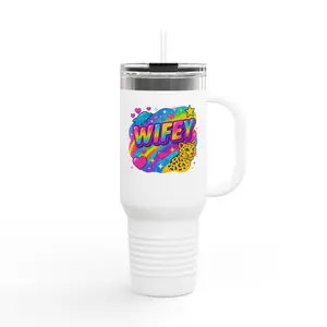 Lisa Frank Inspired Insulated Travel Mug, 90s Rainbow Tumbler Cup, Large Coffee Thermos, Cute Girly Gift, Hot Tea Container, Funky Beverage Drinkware Lid Stainless Steel Stylish Insulation Retro